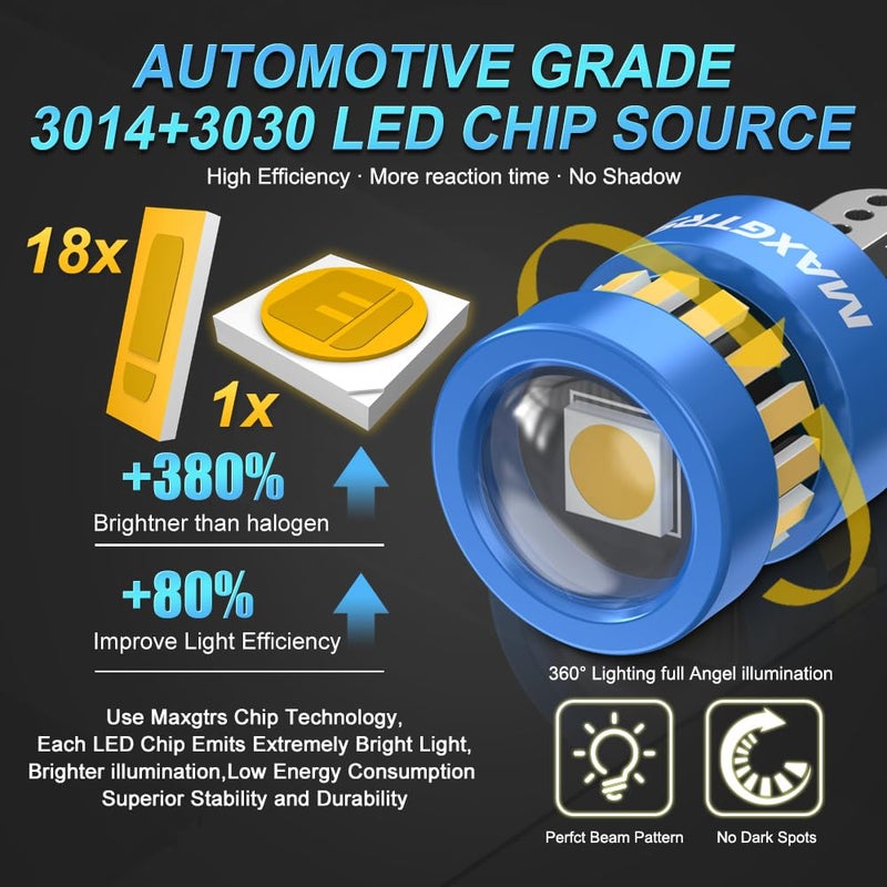 MAXGTRS 194 LED Light Bulb 3000k Amber 168 2825 W5W T10 Wedge 18-SMD 3014 Chipsets LED Replacement Bulbs with Condenser Lens for Car Dome Map Door Courtesy License Plate Lights, Pack of 2 - Image 3
